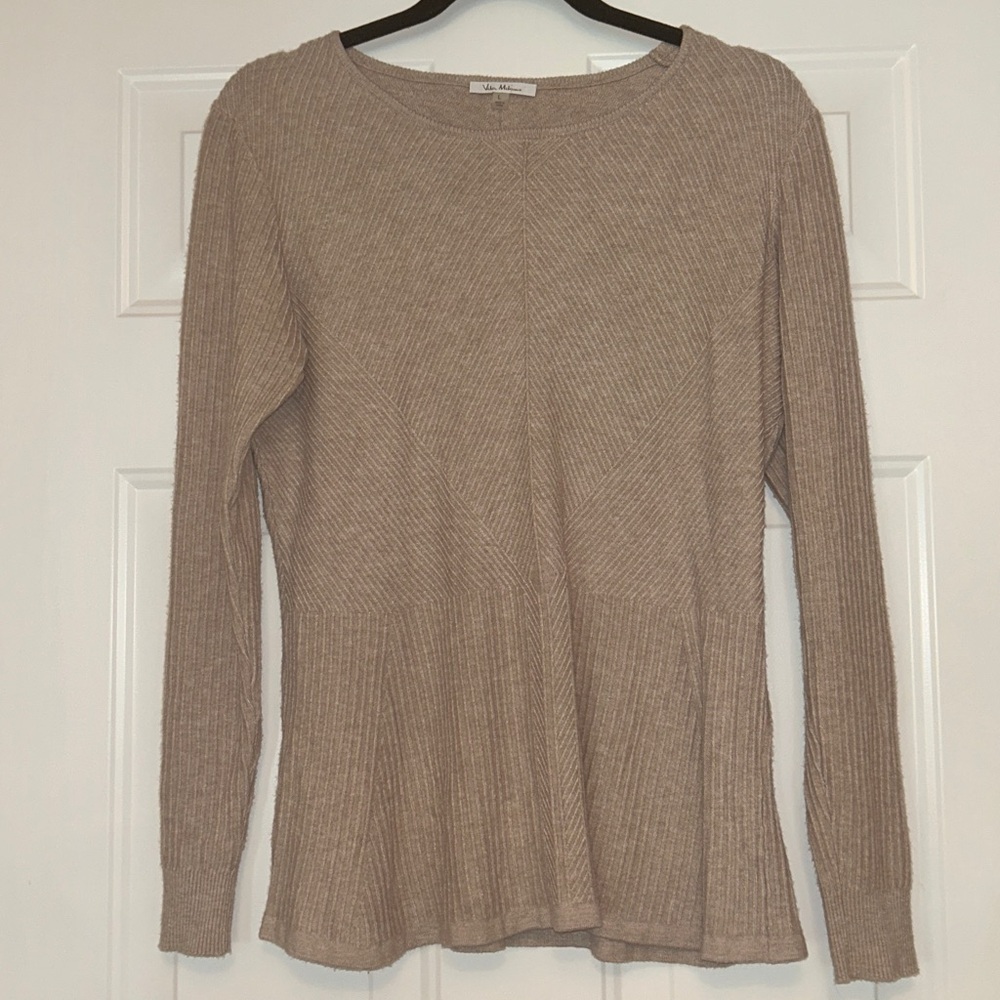 Vila Milano Ribbed Wool Blend Knit Sweater L Tan SOFT Classic Lightweight